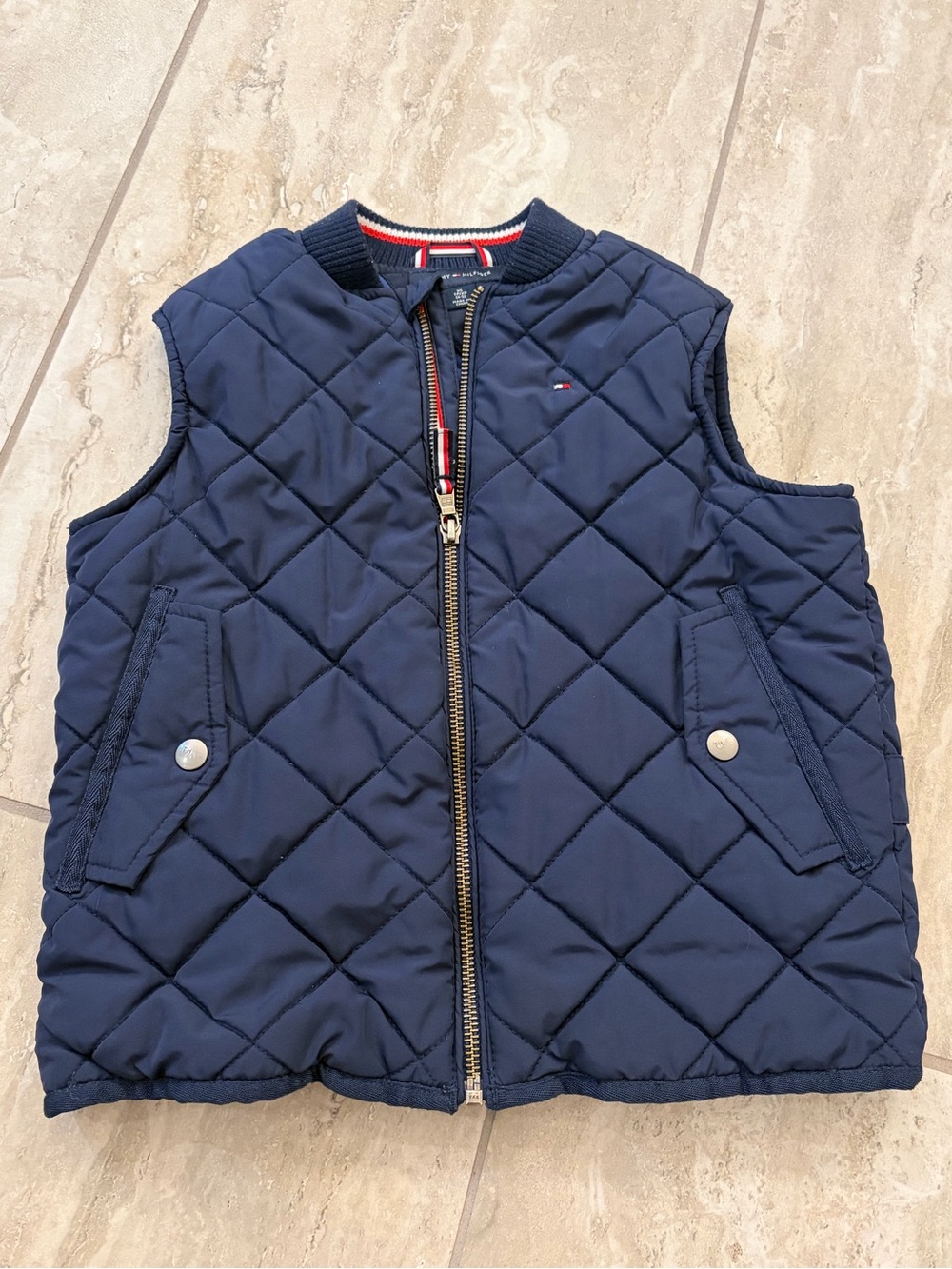 Tommy Hilfiger Navy Quilted Kids Vest with Flag Trim